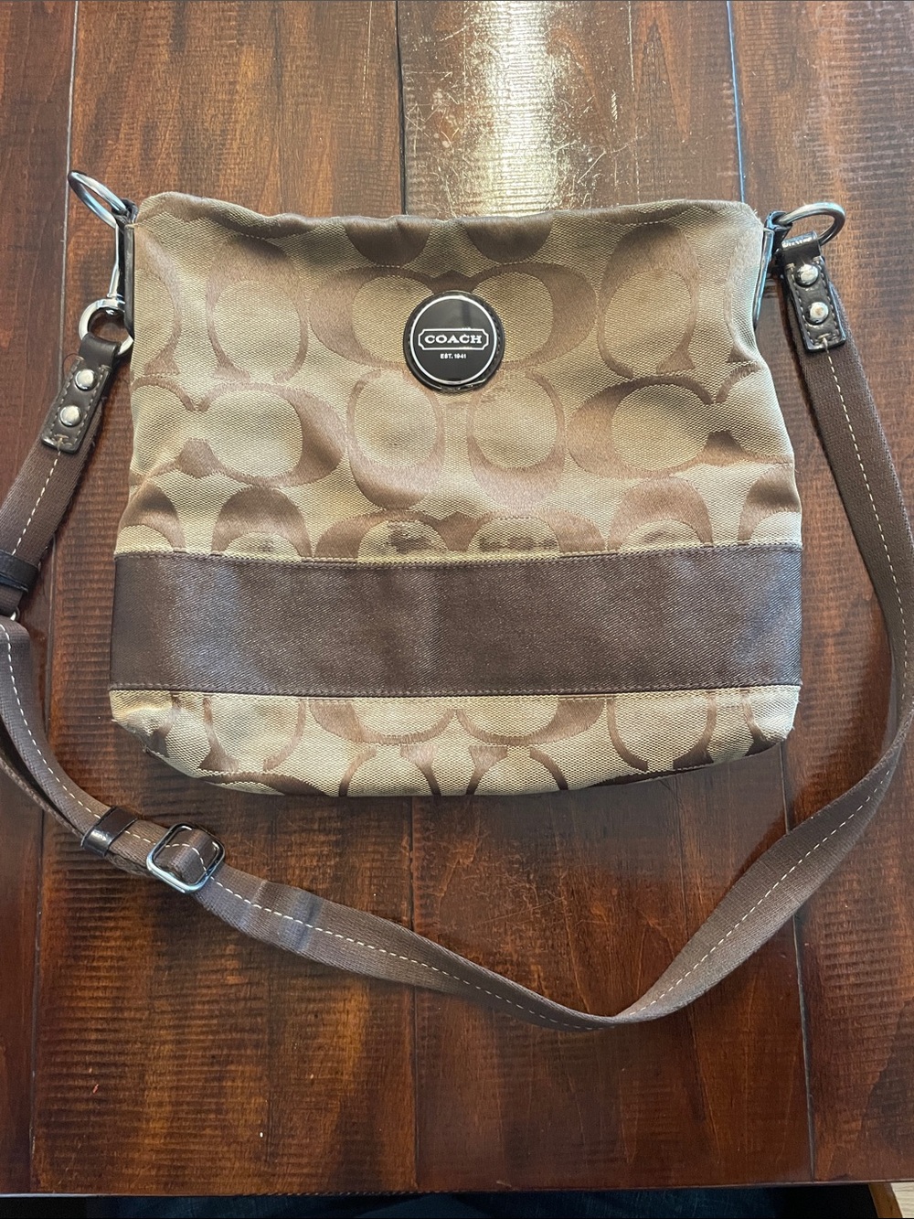 Coach Tan and Dark Brown Signature Crossbody Bag